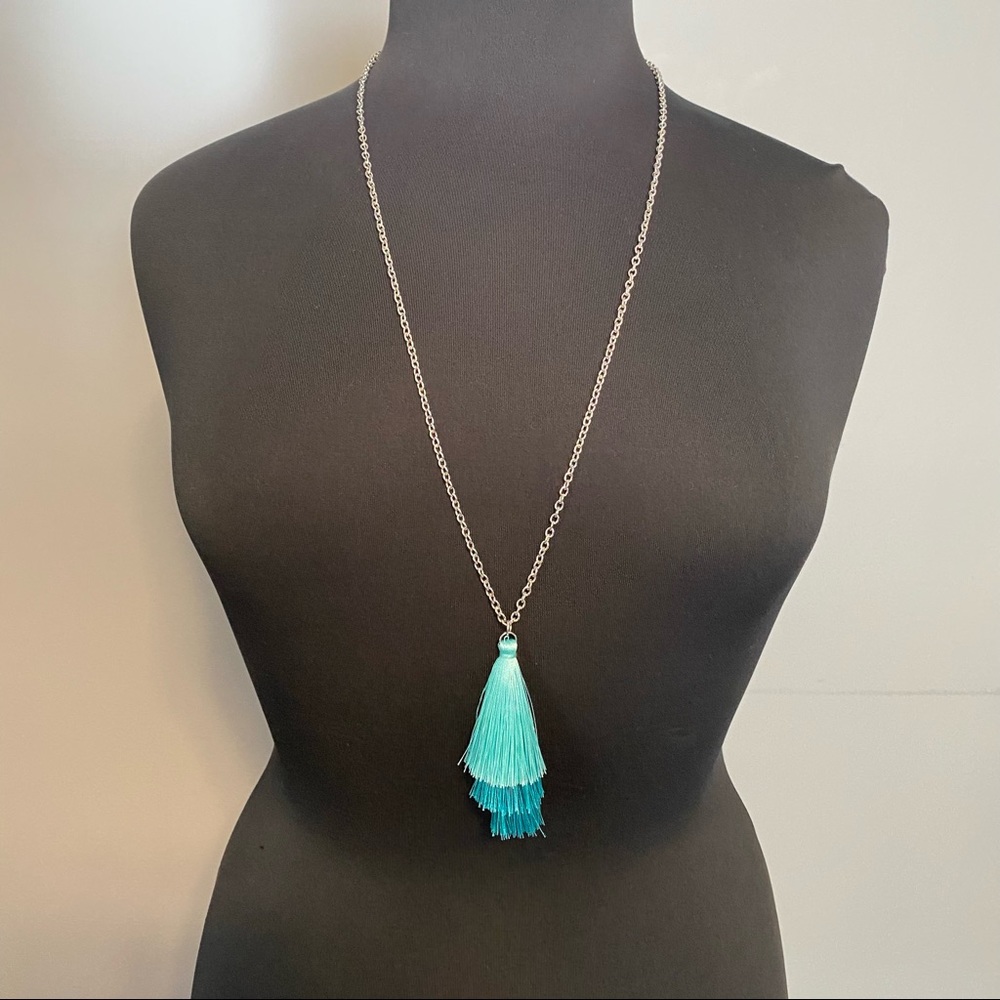Silver adjustable necklace with turquoise fringe